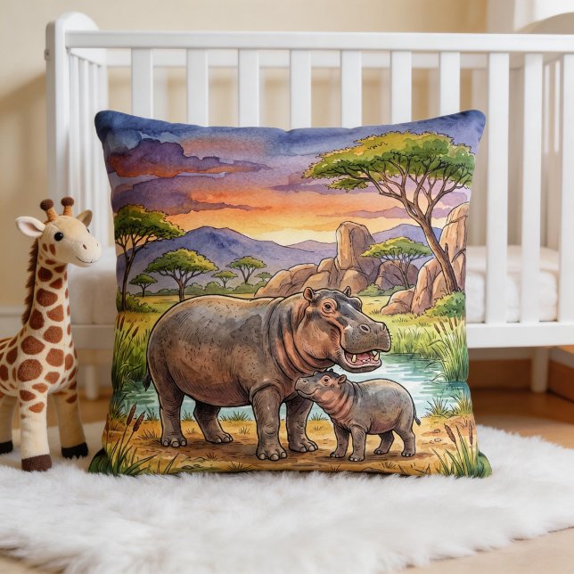 Hippo Mama And Calf Safari Animals  Throw Pillow (Creator Uploaded)