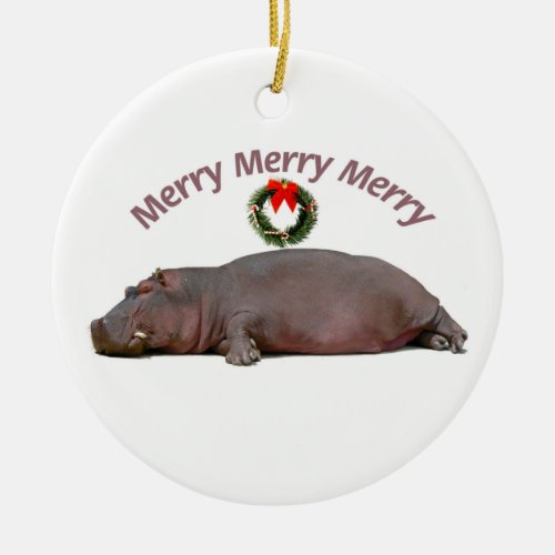Hippo Merry Christmas Fun Ceramic Ornament