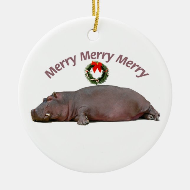 Hippo Merry Christmas Fun Ceramic Ornament (Front)