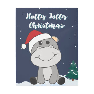 Hippo Merry Christmas Winter Animals Hippos Metal  Print