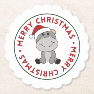 Hippo Merry Christmas Winter Animals Hippos Paper Coaster