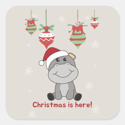 Hippo Merry Christmas Winter Animals Hippos Square Square Sticker