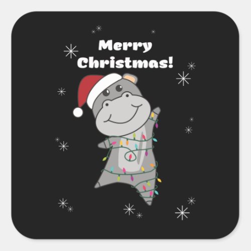 Hippo Merry Christmas Winter Animals Hippos Square Sticker