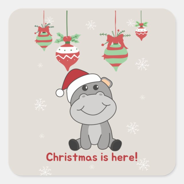 Hippo Merry Christmas Winter Animals Hippos Square Sticker (Front)