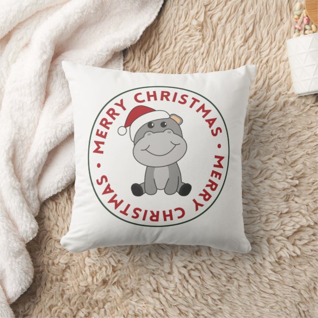 Hippo Merry Christmas Winter Animals Hippos Throw  Pillow (Blanket)