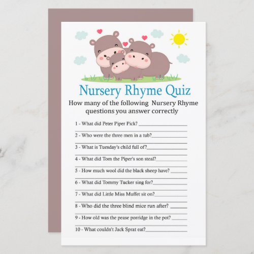 Hippo Nursery Rhyme Quiz baby shower game