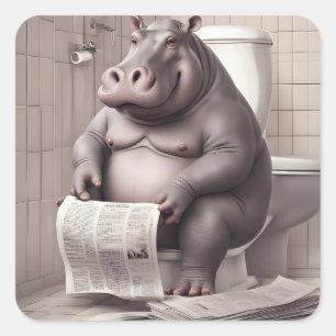 Hippo on the Toilet Reading Newspapers Square Sticker