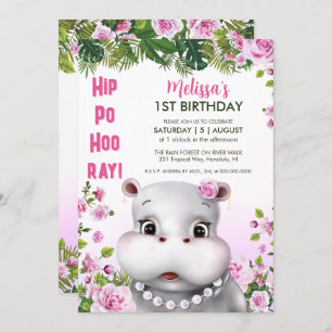 Hippo Pearls Pink Floral Girl Birthday Invitation