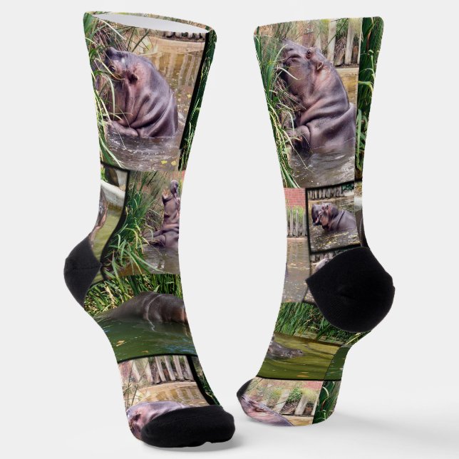 Hippo Photo Collage, Full Print Crew Socks (Angled)