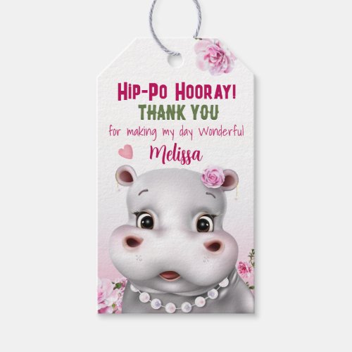 Hippo Pink Floral Birthday Thank You Gift Tags