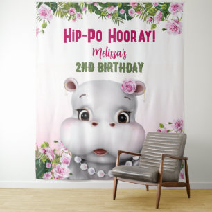 Hippo Pink Floral Girl Birthday Backdrop