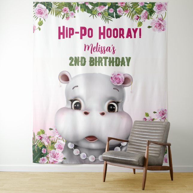 Hippo Pink Floral Girl Birthday Backdrop (In Situ)