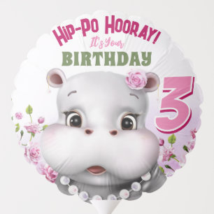 Hippo Pink Floral Girl Birthday Balloon