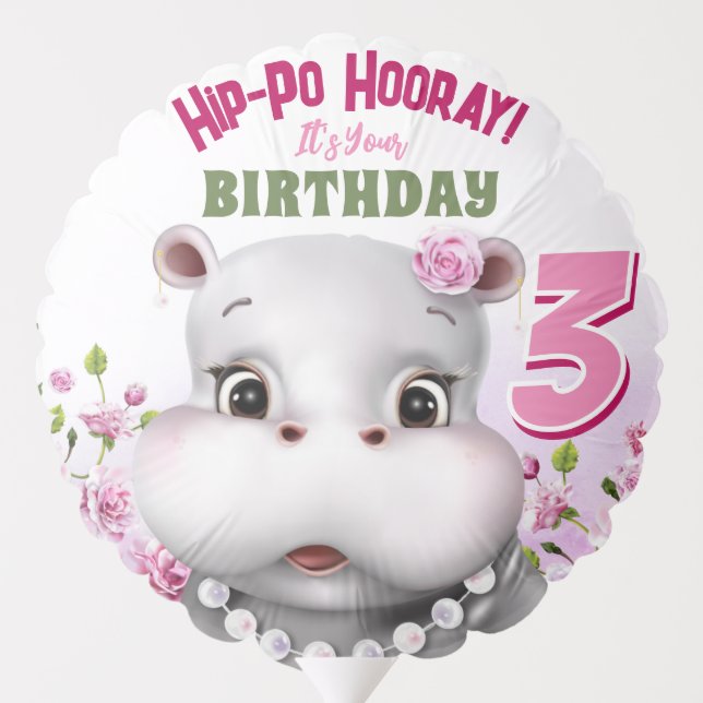 Hippo Pink Floral Girl Birthday Balloon (Back)