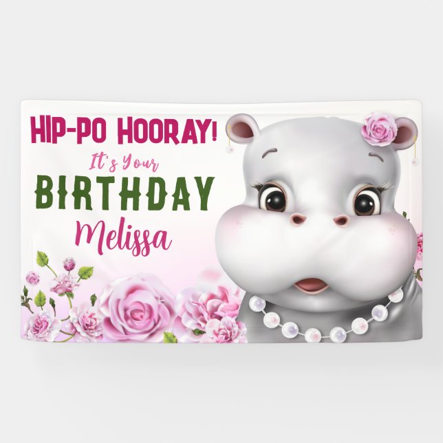 Hippo Pink Floral Girl Birthday Banner (Horizontal)