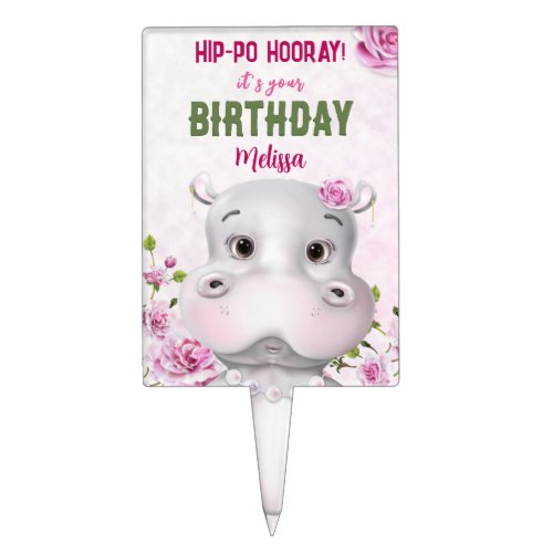 Hippo Pink Floral Girl Birthday Cake Topper