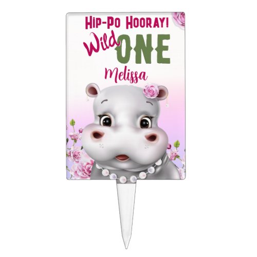 Hippo Pink Floral Girl Birthday Cake Topper