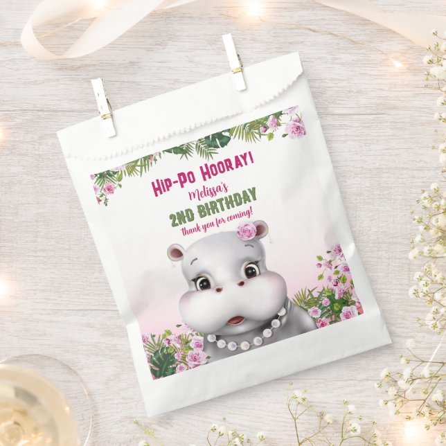 Hippo Pink Floral Girl Birthday Favor Bag (Clipped)