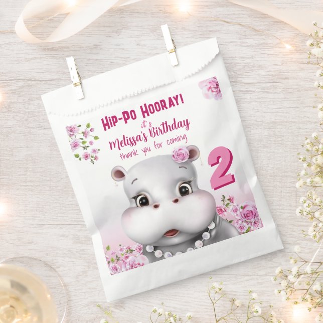 Hippo Pink Floral Girl Birthday Favor Bag (Clipped)