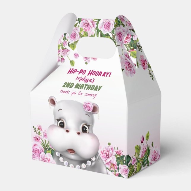 Hippo Pink Floral Girl Birthday Favor Boxes (Front Side)