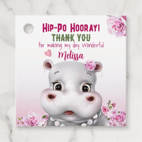 Hippo Pink Floral Girl Birthday Favor Tags