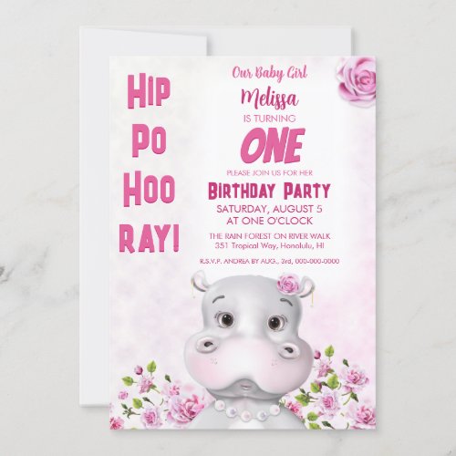 Hippo Pink Floral Girl Birthday Invitation