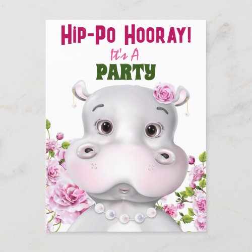 Hippo Pink Floral Girl Birthday Invite