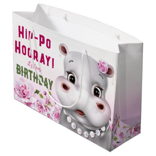 Hippo Pink Floral Girl Birthday Large Gift Bag