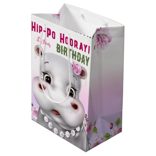 Hippo Pink Floral Girl Birthday Medium Gift Bag