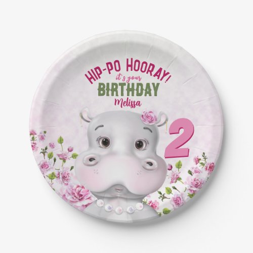Hippo Pink Floral Girl Birthday Paper Plates