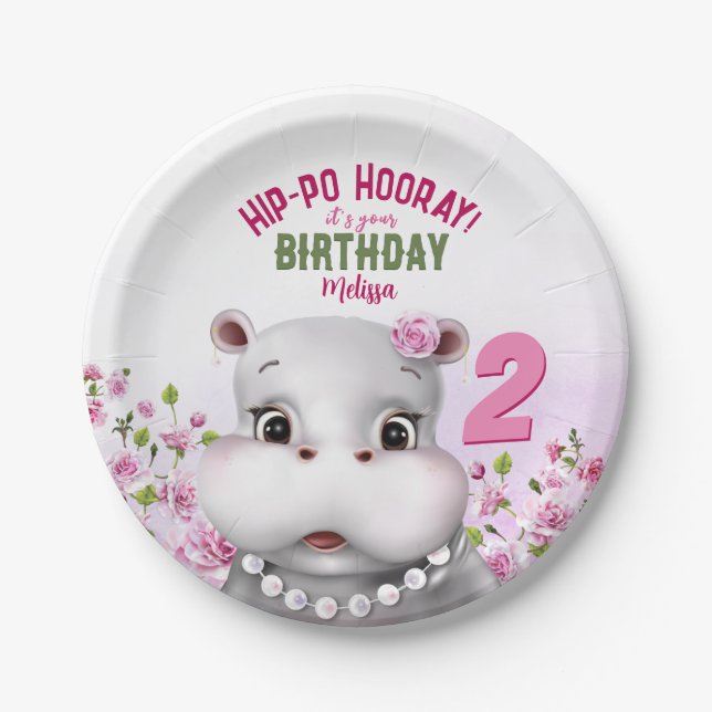Hippo Pink Floral Girl Birthday Paper Plates (Front)
