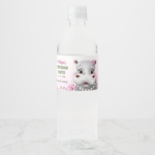 Hippo Pink Floral Girl Birthday Water Bottle Label