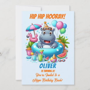 Hippo Pool Party Birthday Invitation HipHip Hooray