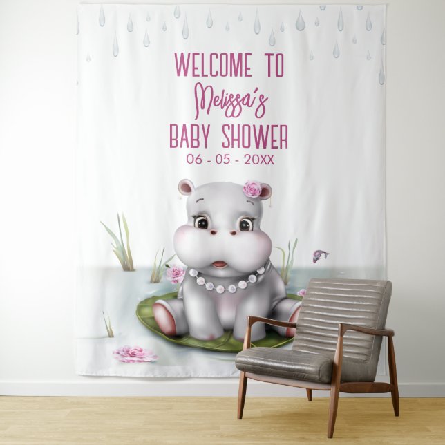 Hippo River Adventure Girl Baby Shower Backdrop (In Situ)