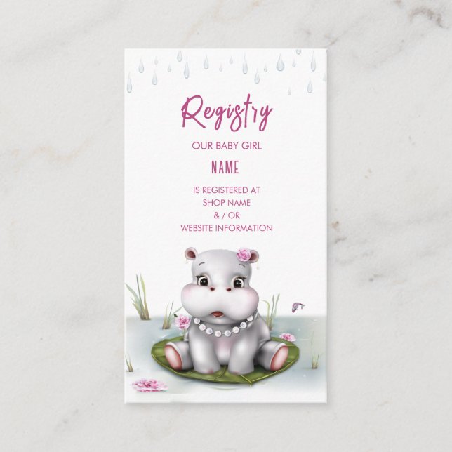 Hippo River Adventure Girl Baby Shower Enclosure Card (Front)
