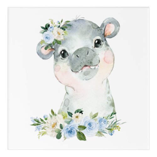 Hippo Safari Jungle Blue Flowers Boy Nursery Acrylic Print