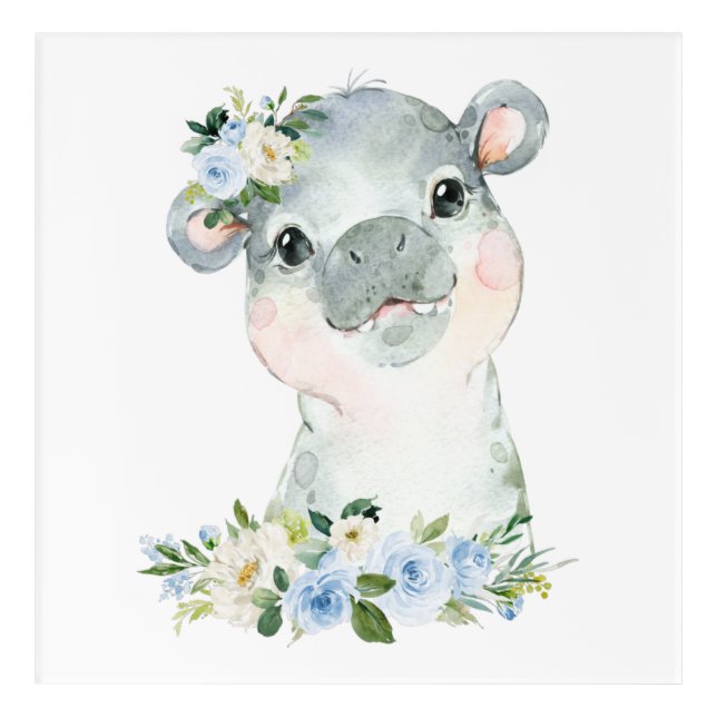 Hippo, Safari, Jungle, Blue Flowers, Boy Nursery Acrylic Print (Front)