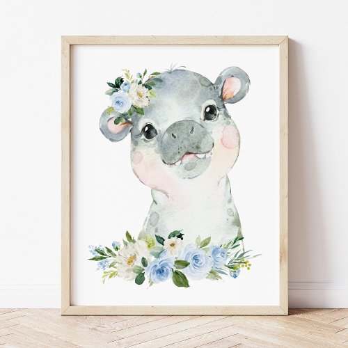 Hippo Safari Jungle Blue Flowers Boy Nursery Poster