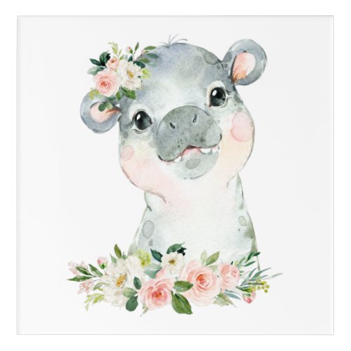 Hippo Safari Jungle Pink Flowers Girl Nursery Acrylic Print