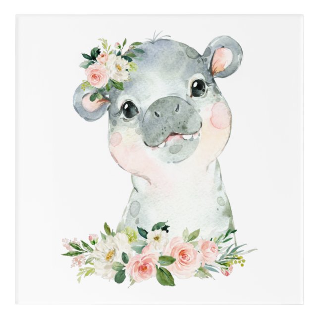 Hippo, Safari, Jungle, Pink Flowers, Girl Nursery Acrylic Print (Front)