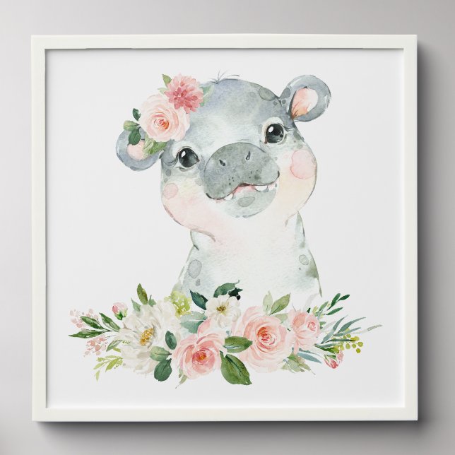 Hippo, Safari, Jungle, Pink Flowers, Girl Nursery Peel And Stick Photo Tile (Front Set)