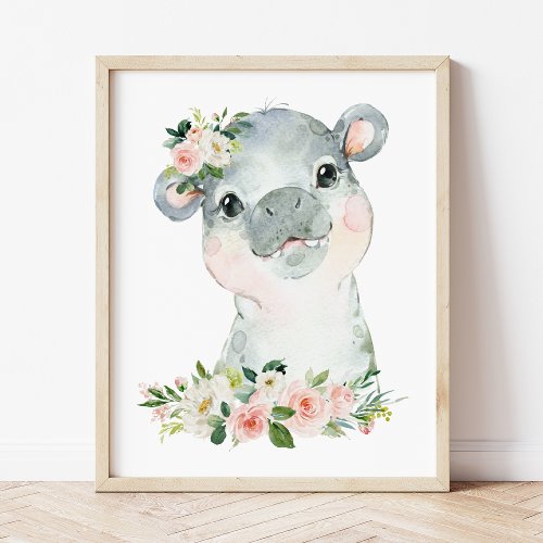 Hippo Safari Jungle Pink Flowers Girl Nursery Poster