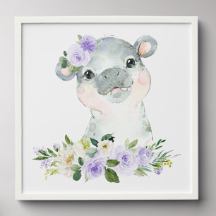 Hippo, Safari, Purple Flowers, Gender Neutral Peel And Stick Photo Tile