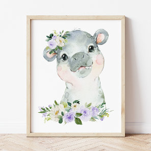 Hippo, Safari, Purple Flowers, Gender Neutral Photo Print