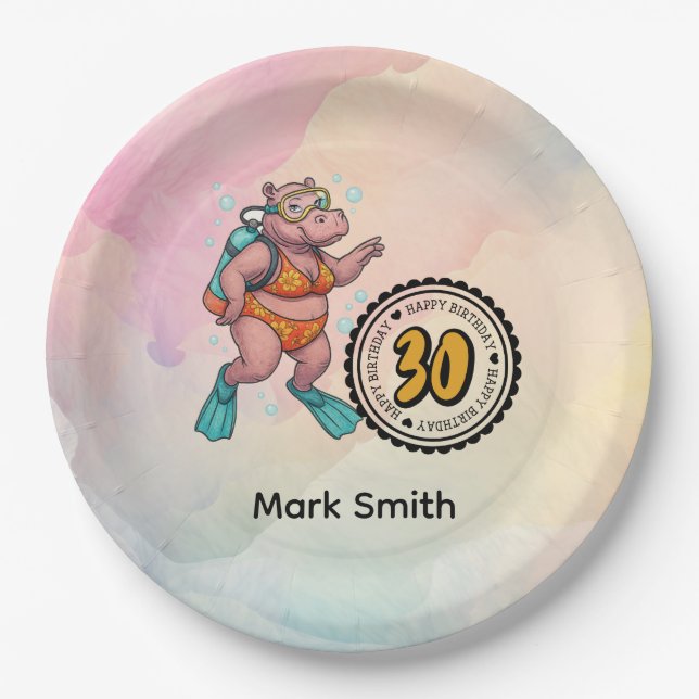Hippo scuba diver 30th Birthday  Paper Plates (Front)