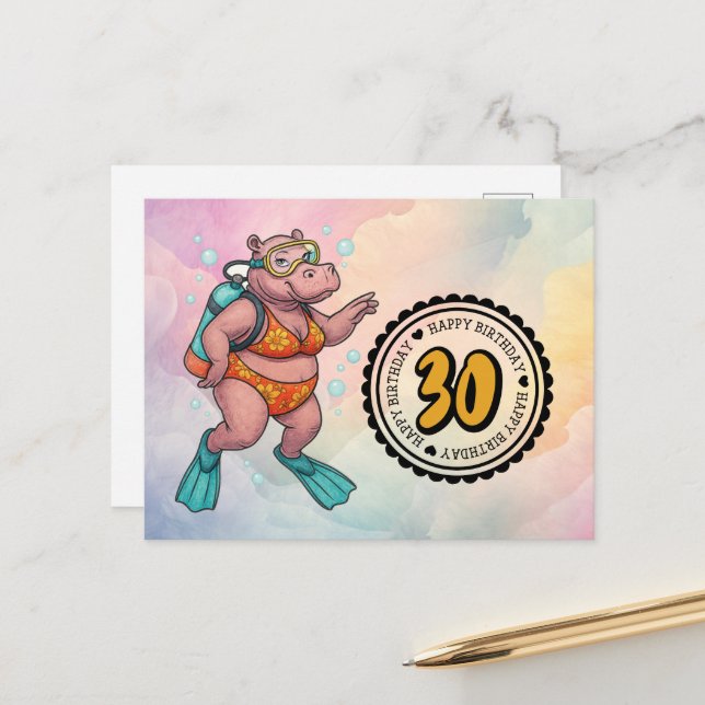 Hippo scuba diver 30th Birthday  Postcard (Front/Back In Situ)