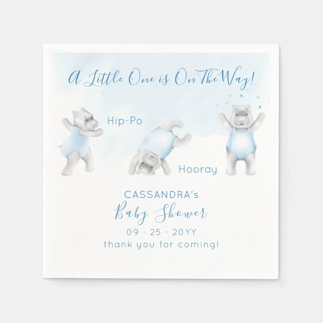 Hippo Somersault Baby Boy Shower Napkins (Front)