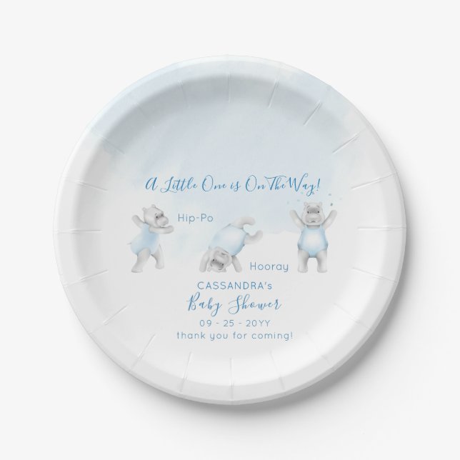Hippo Somersault Baby Boy Shower Paper Plates (Front)