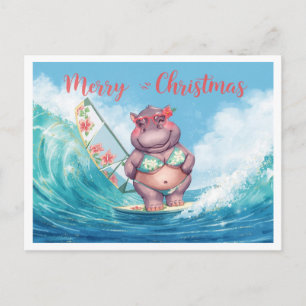 Hippo Surfer on Surf Board on Christmas Holiday Postcard