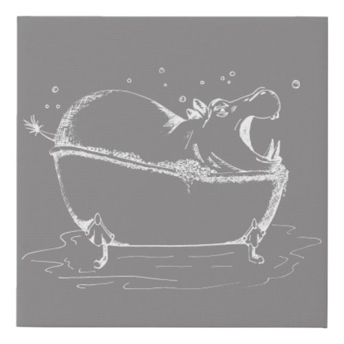 Hippo Taking Bubble Bath Illustration Grey White Faux Canvas Print